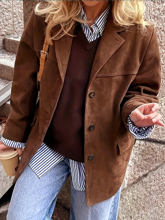 Vintage Damesjas - Elegante Blazer met Notch Lapel, Machinewasbare Beige Jas voor Kantoor, Formele Evenementen & Dagelijks Gebruik - All-Season Buitenkleding voor Vrouwen, Damesjassen en Jacks van Gestructureerd Kunstleer