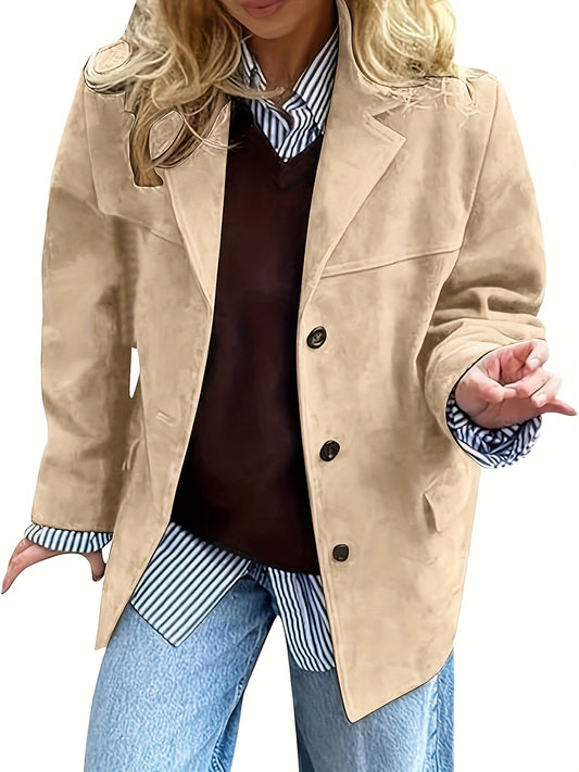 Vintage Damesjas - Elegante Blazer met Notch Lapel, Machinewasbare Beige Jas voor Kantoor, Formele Evenementen & Dagelijks Gebruik - All-Season Buitenkleding voor Vrouwen, Damesjassen en Jacks van Gestructureerd Kunstleer
